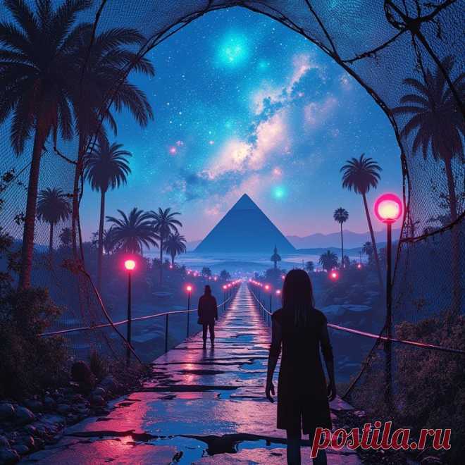 Космическая галлюцинация: пальмы, пирамиды и неоновый ретро-футуризм в стиле Лизы Франк. Генерация из нейросети Flux - Flux.1 примеры промтов - Форум ИИ о нейросетях - Yes Ai
