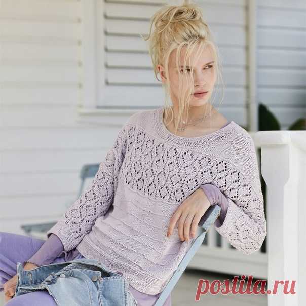 Джемпер с полосой ажурных ромбов
Журнал «Verena. Спецвыпуск» № 2/2018

РАЗМЕРЫ
38/40 (42/44) 46/48

ВАМ ПОТРЕБУЕТСЯ
Пряжа (90% хлопка, 10% шелка; 110 м/50 г) — 450 (500) 550 г цвета мальвы; спицы №3,5; круговые спицы №3,5.

УЗОРЫ И СХЕМЫ

ПЛАТОЧНАЯ ВЯЗКА
Вязать прямыми рядами: вязать в лицевых и изнаночных рядах лицевые петли.

Круговыми рядами: вязать попеременно 1 круг.р. лицевые и 1 круг.р. изнаночные петли.

ЛИЦЕВАЯ ГЛАДЬ
Вязать в лицевых рядах лицевые, в изнаночных ря...
