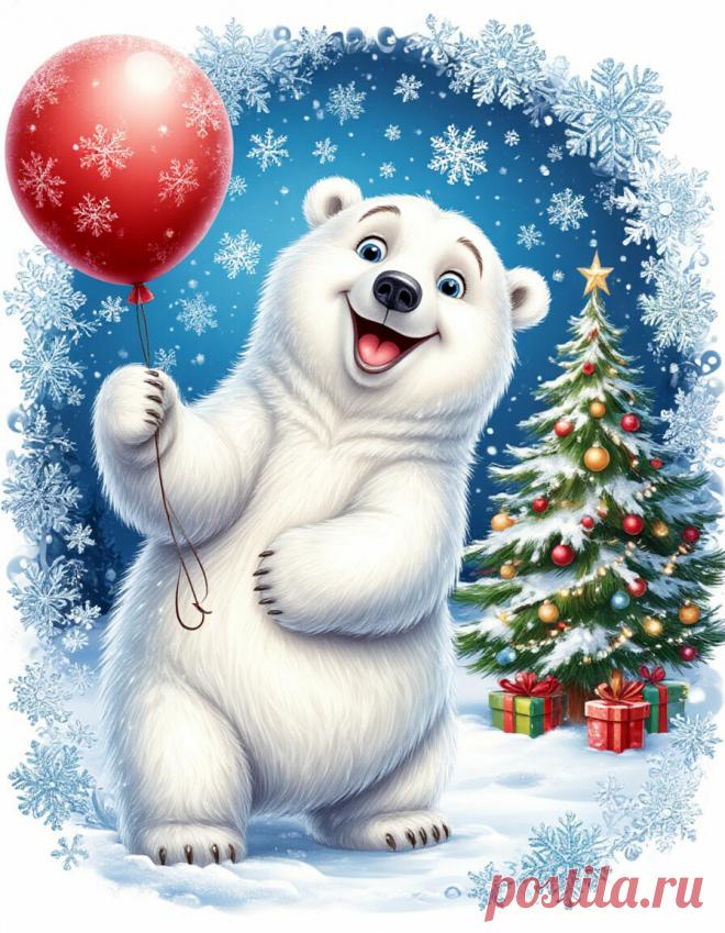 на белом фоне, филигрань, дисней, пушистый улыбающийся белый медвежонок, шарчик, высунувший язык, смотрящий на снежинки, рождественская елка возле дома, снежинки, мороз, иллюстрации, фэнтези, сказки, стиль гонда, пушистый узор