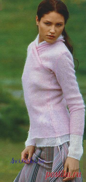 Два тона пряжи розового цвета делают этот вязаный джемпер нежным и романтичным. Мягкая драпировка воротника двойного вязаного джемпера возможна, благодаря мохеровой пряжи.