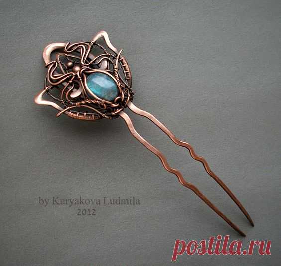 DRAGON FLOWER hairpin, copper, labradorite, forging, patina, completely handmade. by KL-WireDream on DeviantArt on Pinterest | Wire WORK