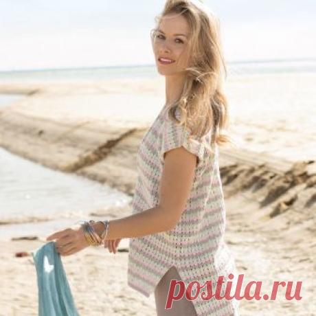 Просторный полосатый топ с удлиненной спинкой в пастельных тонах. Спицами. / knittingideas.ru