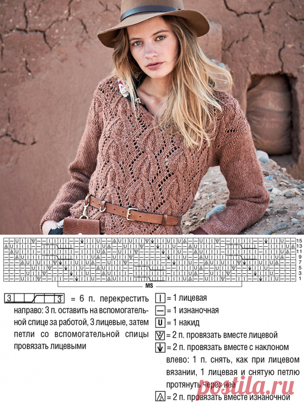 Ажурный пуловер с «косами» - схема вязания спицами с описанием на Verena.ru