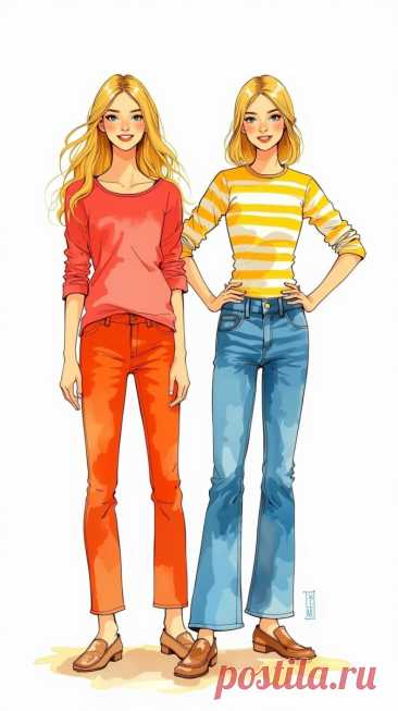 Две девушки в джинсах и ярких топах смотрят на зрителя. Генерация из нейросети Flux Ai - Flux.1 примеры промтов - Форум ИИ о нейросетях - Yes Ai
