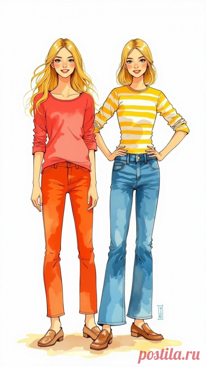 Две девушки в джинсах и ярких топах смотрят на зрителя. Генерация из нейросети Flux Ai - Flux.1 примеры промтов - Форум ИИ о нейросетях - Yes Ai