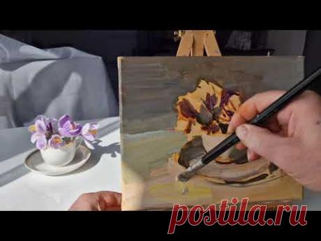 Цветы весны. Крокусы. Живопись маслом.