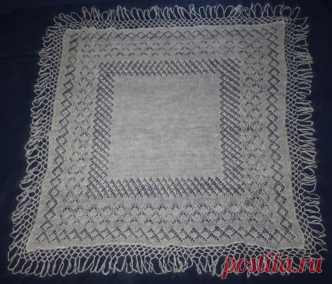 Замечательный подарок. 
Платок великолепно подходит для венчания.Разработан для молодых женщин,может быть использован как объемный шарф на шее, теплый и оригинальный головной убор.
размер: 120х120 см
материал: козий пух 90%,нить х/б 10%
рисунок: "нежность"
пух: прямой.
цвет: белый
пушение: распушенный