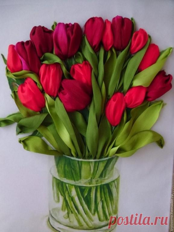 Вышиваем букет тюльпанов лентами. Вышиваем букет тюльпанов лентами. Мастер-класс.