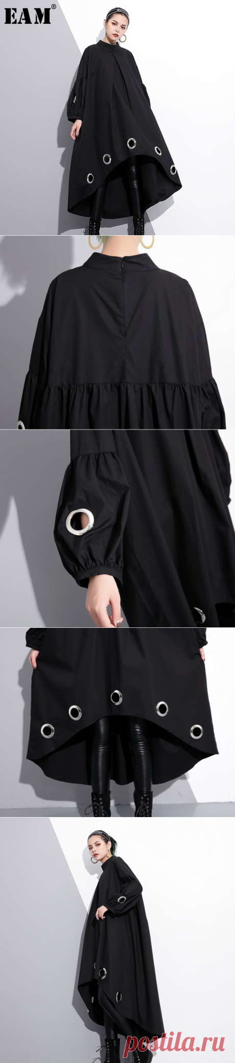 [EAM] 2018 новая весна Круглый воротник Длинные рукава одноцветное черного цвета металлическое кольцо большие размеры Открытое платье женская мода прилив je29201 купить на AliExpress