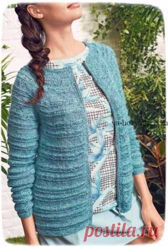 Классический женский жакет спицами. Жакет с рукавами 3/4 в котором вместо традиционных пуговиц использована застежка-молния. Женский жакет спицами с описанием