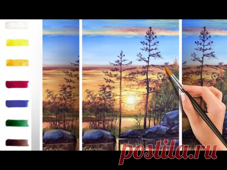 Сосны на закате. Как нарисовать пейзаж 🎨АКРИЛ! Мастер-класс ДЕМО