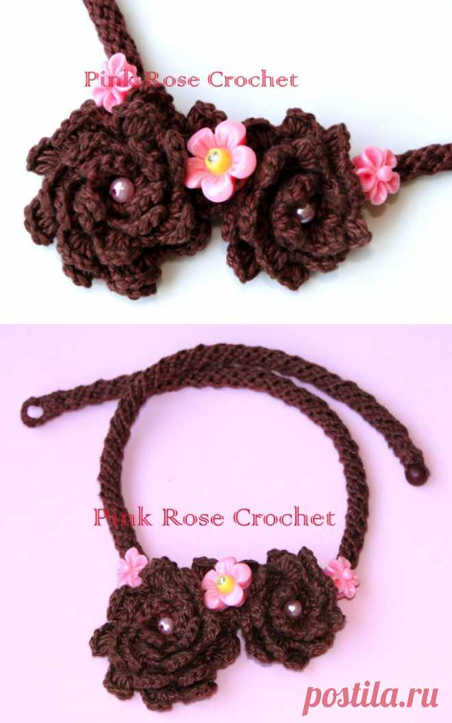 \ PINK ROSE CROCHET /: Colar Marrom com Cordão e Flores
