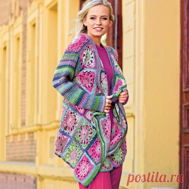 Кардиган с ажурными мотивами из пряжи секционного крашения - схема вязания крючком. Вяжем Кардиганы на Verena.ru