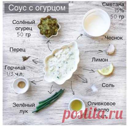 СОУС С СОЛЁНЫМ ОГУРЦОМ!
Забирай себе пригодится! 
Ингредиенты:
сметана 15% 50 гр 
оливковое масло 1 ч.л. 
солёный огурец 50 гр 
чеснок 1 зуб 
горчица 1/3 ч.л. 
зелёный лук 
перец 
несколько капель лимона 
соль 
Способ приготовления:
Солёный огурец нарезаем мелкими кубиками или натираем на мелкой тёрке. Сметану смешиваем с маслом, горчицей, измельчённым чесноком и луком. Добавляем огурец, перец и соль если надо по вкусу. Также добавляем несколько капель лимона. 
Даём немножко постоять и готово.