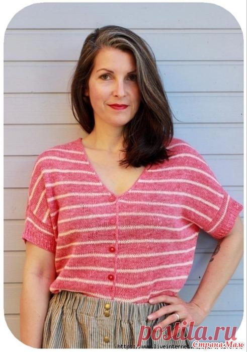 Кофточка перевертыш «Лилия в полоску» Ребекки Маузер. Спицы. Эта кофточка вяжется круговыми рядами в направлении сверху вниз. Линия плеч формируется прибавлениями в лицевых и изнаночных рядах, вырез также создается путем прибавлений.
