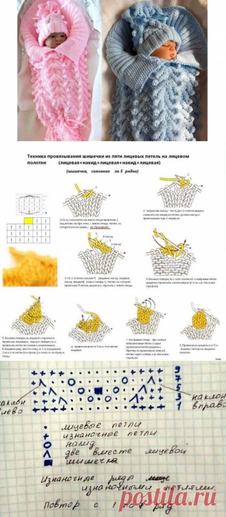 Вязаный конверт с объемным узором для грудничка