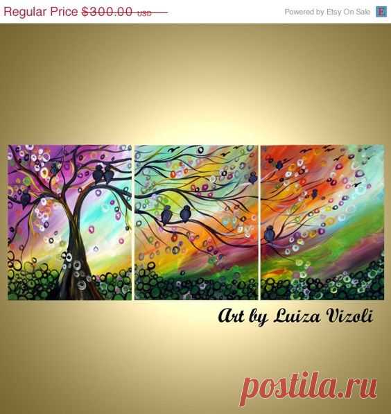 Items similar to SPRING Birds and Music Original Modern Abstract Fantasy Whimsical Landscape Painting Triptych Artwork by Luiza Vizoli on Etsy