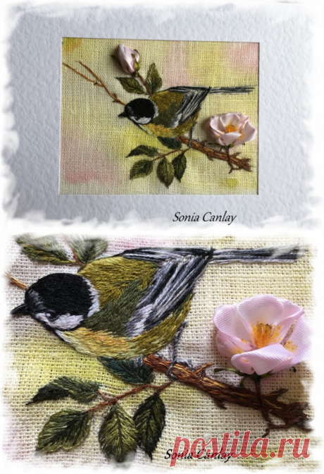 Синичка на ветке шиповника