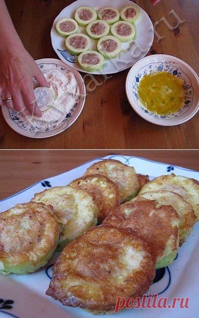 КАБАЧКИ с МЯСОМ В КЛЯРЕ - в Сковороде !!! **Кабачок 2-3шт, мясной или рыбный фарш 300г, лук 1шт,  яйцо 1шт, хлеб белый 1-2кусочка, соль, перец, чеснок. *Кляр: мука 2ст/л, яйцо 1-2шт, молоко 2-3ч/л, соль, перец. **Микс рецептов из кабачков: http://povar.ru/list/kabachok/ -  //Повар.ру