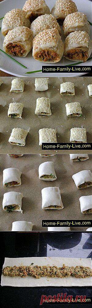 Кулинарные рецепты Рулеты из слоеного теста с курицей