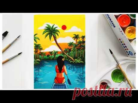 Закат на экзотическом острове 🎨 Рисуем гуашью пейзаж