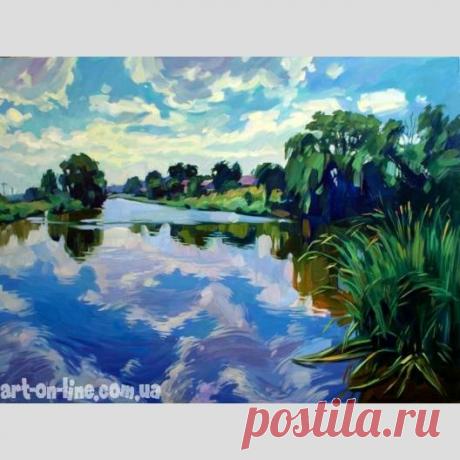 Картина У озера, летом - Пейзаж  - Ярошевич Анастасия (живопись) Картина У озера, летом -  Красивый пейзажна картине маслом с гладью летнего озера под белыми облаками. Живописный летний пейзаж с озером.