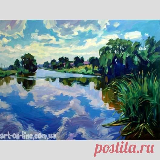 Картина У озера, летом - Пейзаж  - Ярошевич Анастасия (живопись) Картина У озера, летом -  Красивый пейзажна картине маслом с гладью летнего озера под белыми облаками. Живописный летний пейзаж с озером.