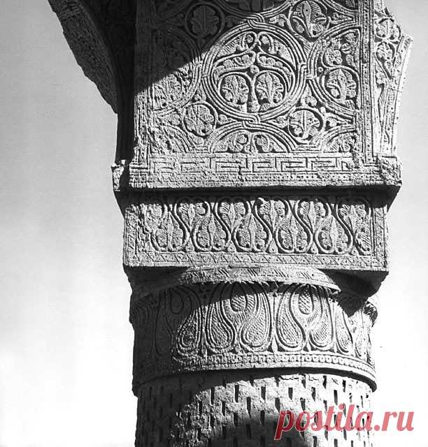 Interior detail showing decoration on northeast face of column, capital, impost and arch soffit | Archnet