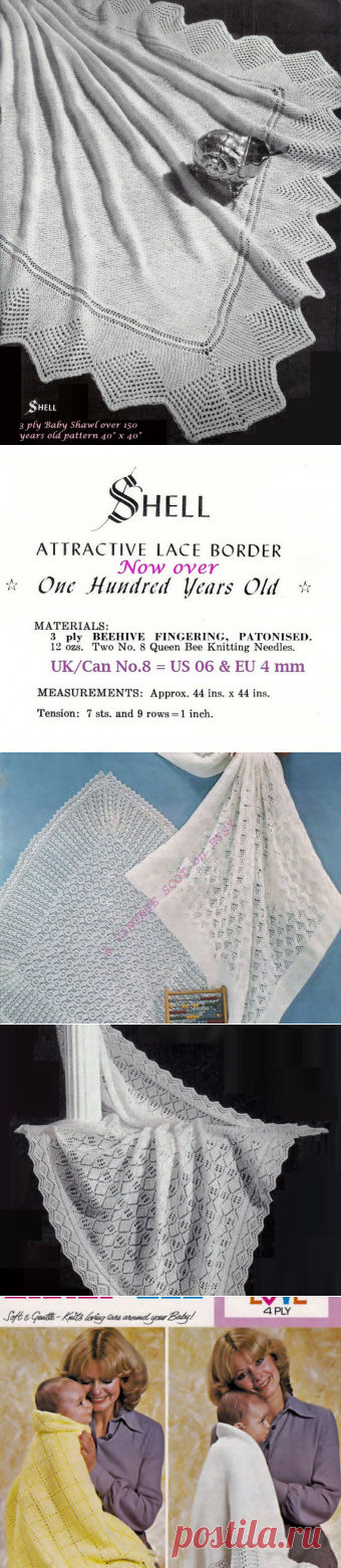 Baby Heirloom 3 ply Shell Lace Border Shawl size 40 x 40