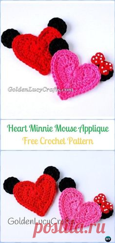 Crochet Heart Minnie/Mickey Mouse Applique Free Pattern - Crochet Heart Shaped Applique Free Patterns By Golden Lucy Crafts