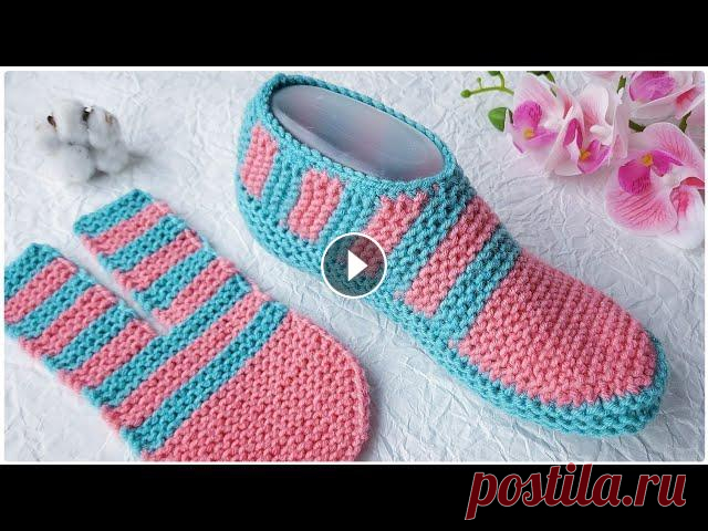 Домашние следки спицами на двух спицах. Простые тапочки спицами без швов на подошве. Домашние следки спицами на двух спицах. Простые тапочки спицами без швов на подошве. Пряжа- Ализе лана голд. (100гр-240м) Расход 65гр. Размер 38-39 сп...