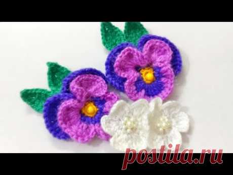 Crochet Violet Flower Pattern, Crochet Pansy Flower, Applique Of Pansy Flower.