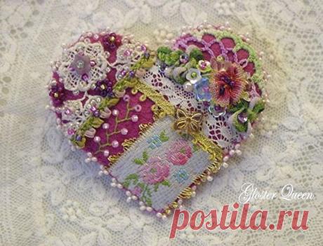 Crazy quilt pin with Victorian charm