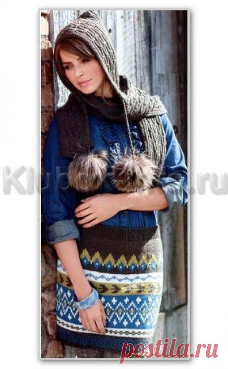 Вязание спицами. Короткая юбка с жаккардовым узором и шарф-капюшон. Размеры: 34/36 (38/40) 42/44