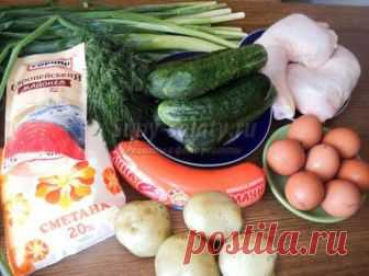 Сытная окрошка с курицей и колбасой. Рецепт с пошаговыми фото