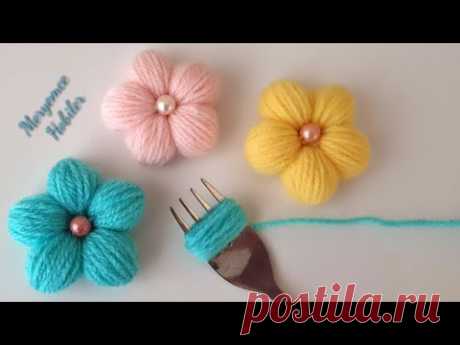 Çatalla Puf Çiçeği Yapılışı / Super Easy Woolen Flower making with Fork