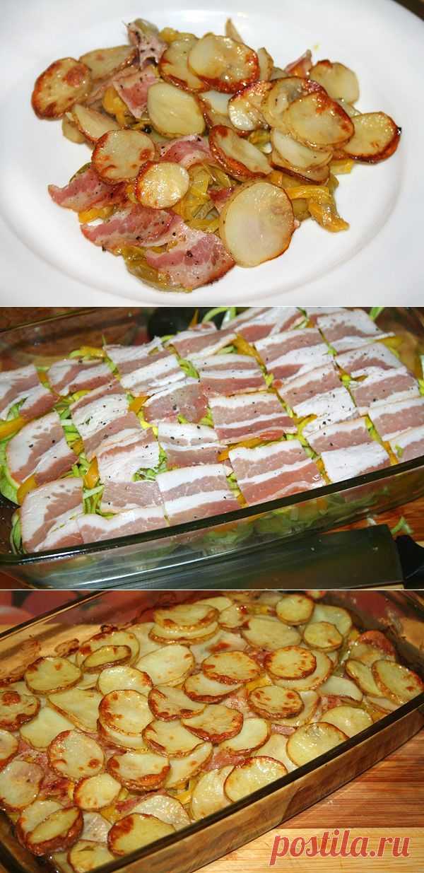 Запечёный молодой картофель с беконом и овощами