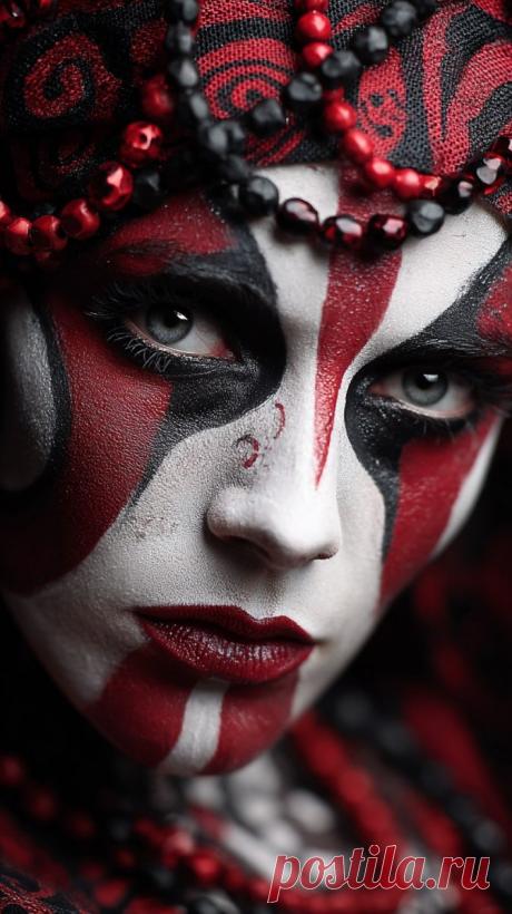 Драматичный макияж: лицо в красных и белых полосах, таинственный образ. Генерация из нейронной сети Миджорни - Midjourney примеры промтов - Форум ИИ о нейросетях - Yes Ai