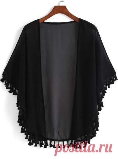 Black Casual Tassel Loose Kimono -SheIn(Sheinside)
