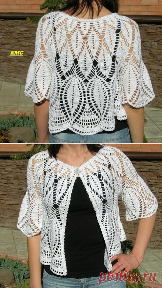 Белый жакет-разлетайка крючком+СХЕМА. Летний жакет крючком узором листья | Домоводство для всей семьи.
