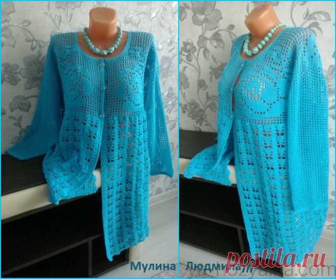 Кардиган в филейной технике. Схема филейного узора для кардигана Голубой кардиган “Филейные розы”. Вязаная модель кардигана в филейной технике. Для вязания на 60-62 размер понадобилось 500 гр.пряжи. крючок №2. Автор: Людмила Мулина.  ID в [...]