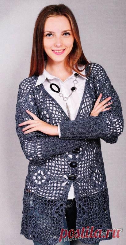 Ажурный жакет из крупных квадратных мотивов. Крючком и спицами. / rukodelie-rukami.ru