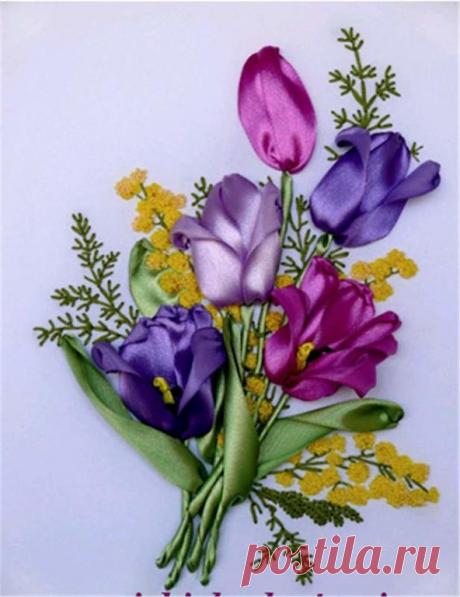 Тюльпаны. Вышивка лентами для начинающих.
