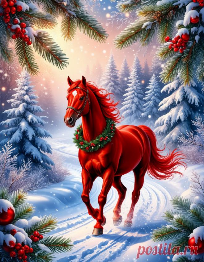 Фон — сказочный зимний пейзаж с морозными узорами и мягким свечением. Красная лошадь, украшенная рождественским венком , бежит по заснеженной тропинке. Снег покрывает все вокруг, включая ветви красивых елей, создавая сказочную атмосферу. Атмосфера теплая, радостная и волшебная, стиль — яркий и праздничный цифровой арт