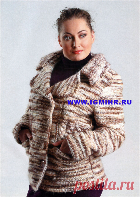 Удобный осенний наряд для пышной дамы. Теплый меланжевый жакет с английским воротником. Крючок и спицы