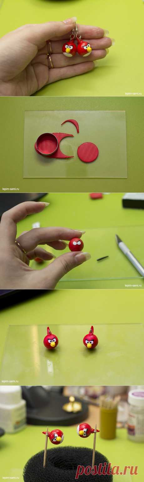 Мастер-класс сережки из полимерной глины Angry Birds