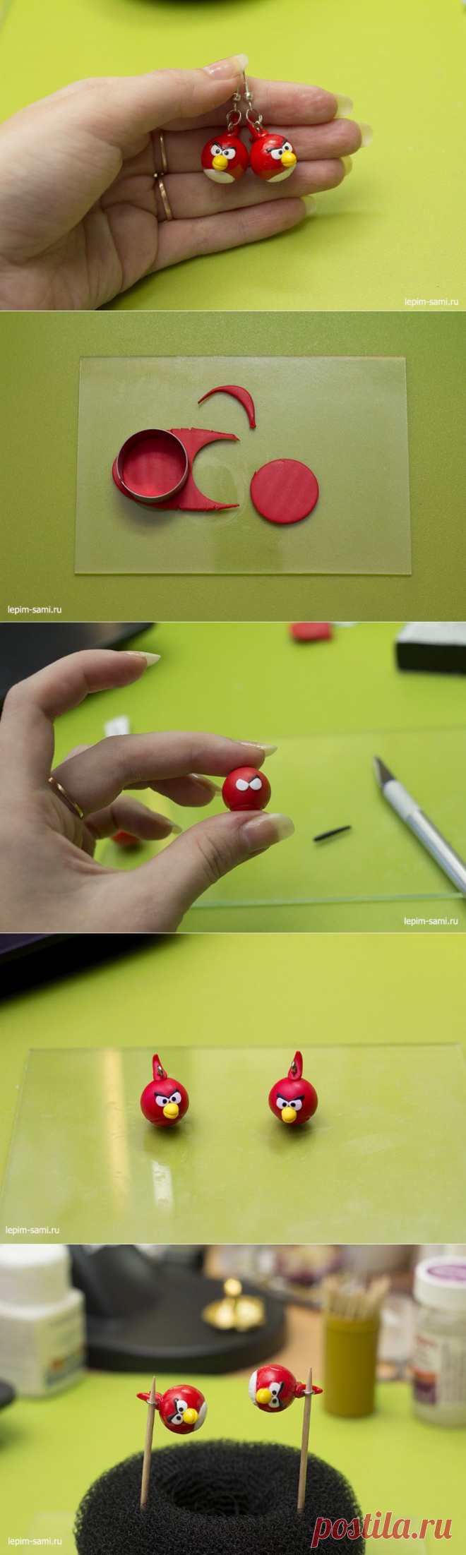 Мастер-класс сережки из полимерной глины Angry Birds