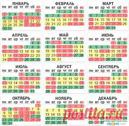 2017 год. Зеленые - благоприятные дни, желтые - убывающая луна, красные - неблагоприятные дни для посадки/пересадки.