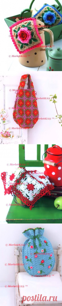 🍓 бабушкин квадрат, цветы и сумки