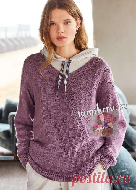 Пуловер с диагональными узорами. Вязание спицами со схемами и описанием